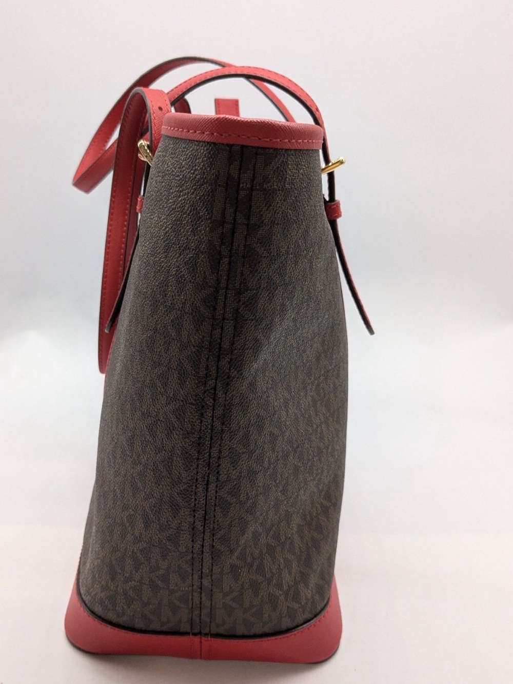 FLASH SALE Michael Kors MK Designer Large Jet Set Brown Red Signature Tote Purse - Picture 5 of 9